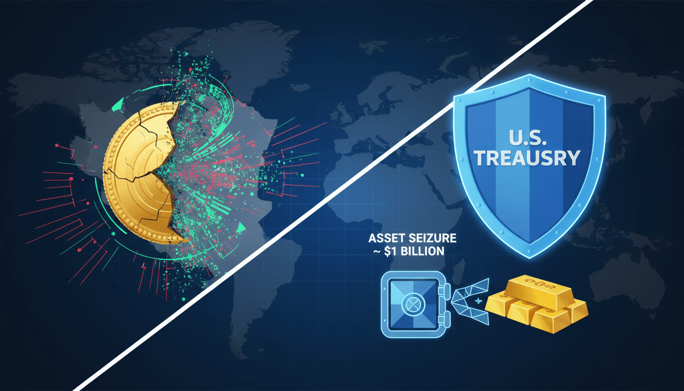 U.S. Treasury building with a graphic overlay of cryptocurrency symbols