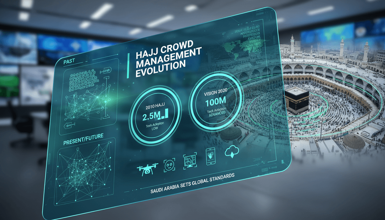 Pilgrims at Hajj with advanced crowd management technology in action.