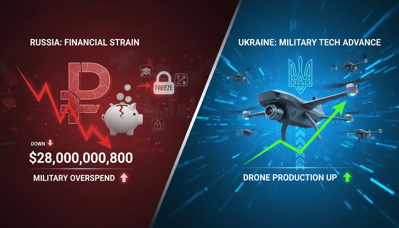 A graphic depicting the financial strain on Russia and Ukraine's military advancements.