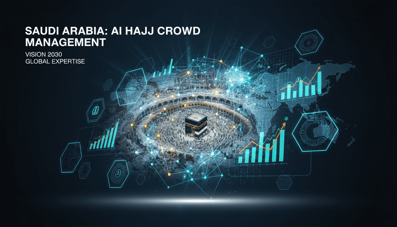 Pilgrims at Hajj with advanced crowd management technologies in action.