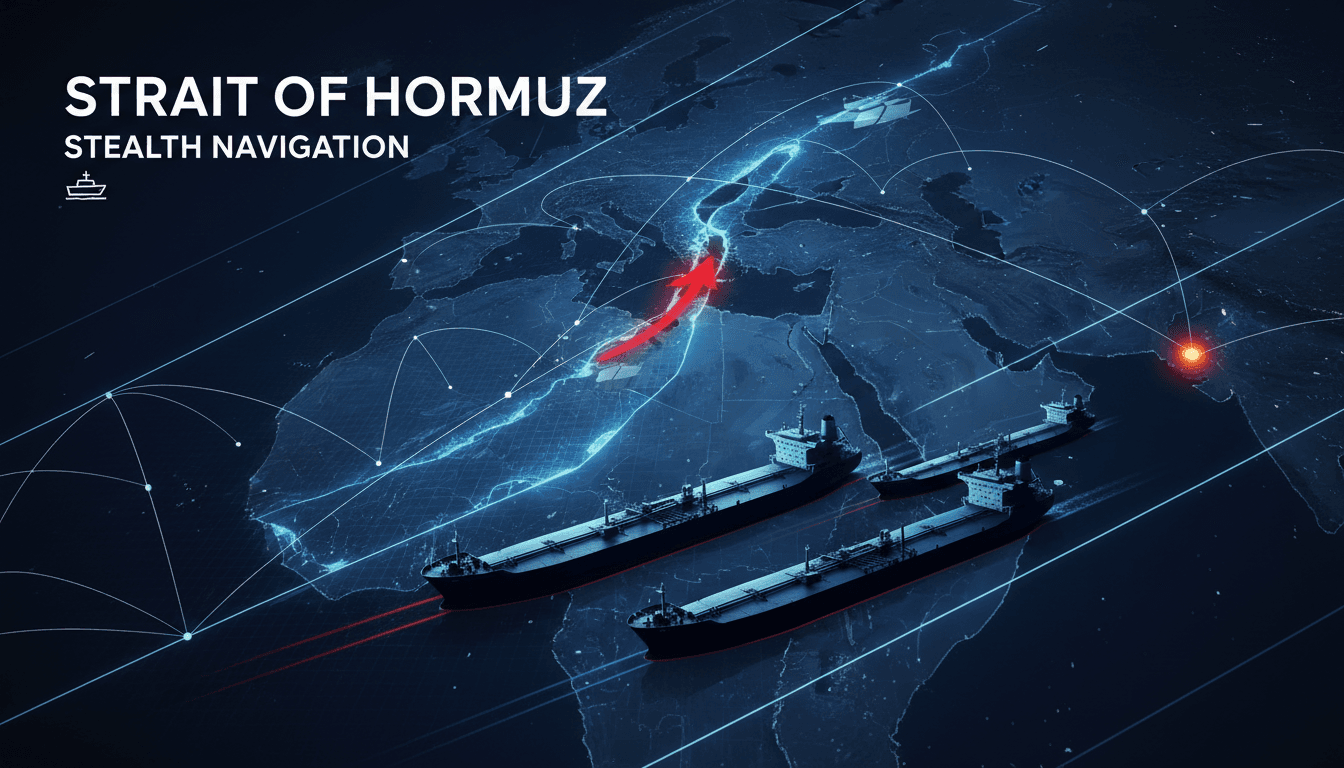 Oil and gas tankers navigating the Strait of Hormuz at night.