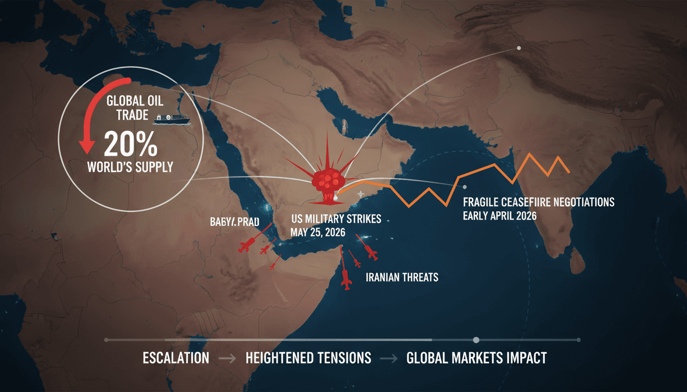 Infographic showing the Strait of Hormuz and its significance in global oil trade amidst US-Iran military tensions.