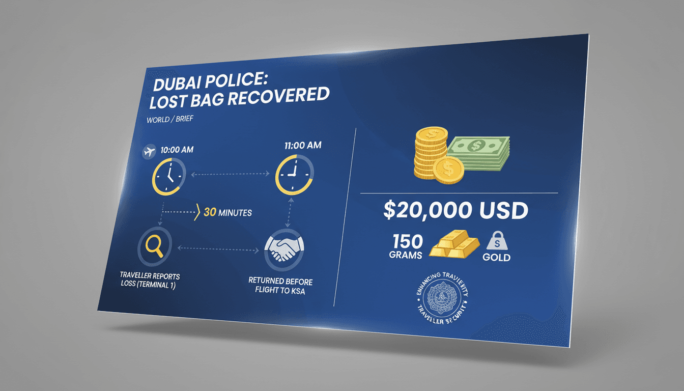 Dubai Police returning a lost bag containing cash and gold to a traveller at the airport.