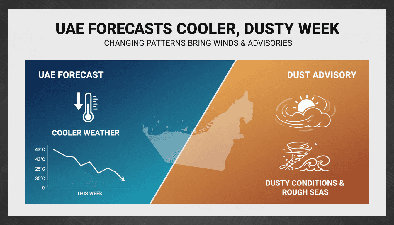 A weather forecast graphic showing cooler temperatures and dust storm warnings in the UAE.