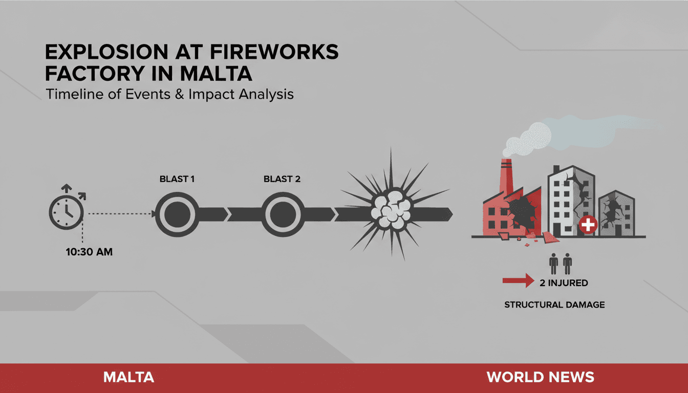 Fireworks factory explosion scene in Malta with damaged buildings