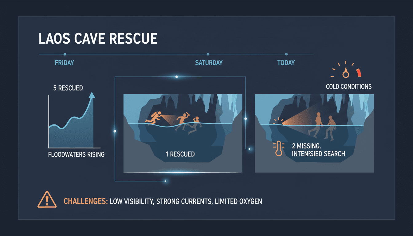 Rescue teams working in a flooded cave in Laos