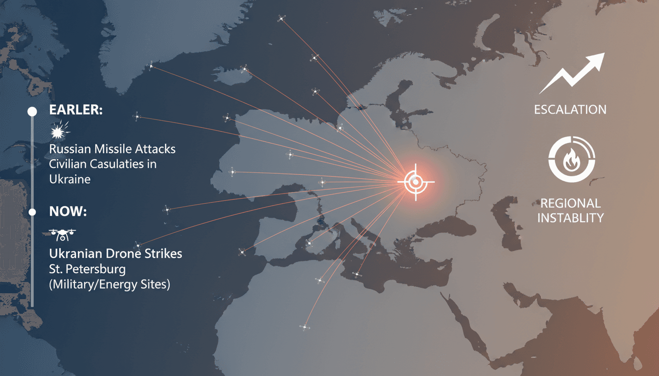 Ukrainian drone strikes targeting military sites in St. Petersburg during an economic forum.