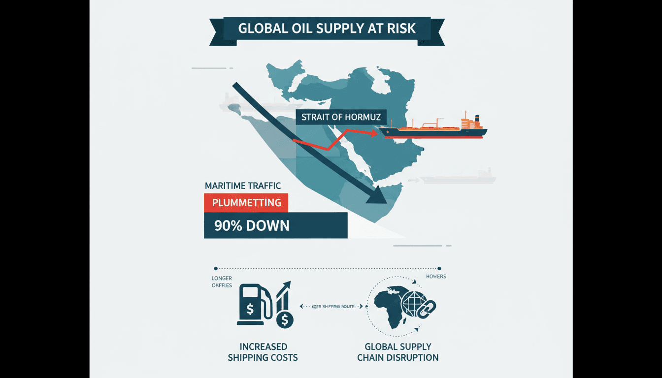 Infographic showing the decline in maritime traffic through the Strait of Hormuz and its impact on global oil supply.