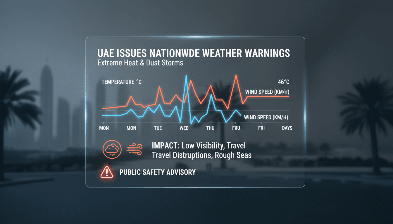 A dramatic image depicting dust storms and high temperatures in the UAE.