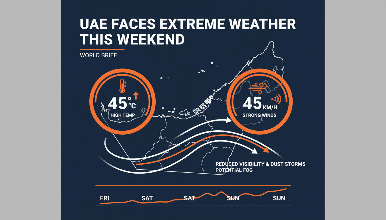 A weather map showing high temperatures and dust conditions in the UAE.