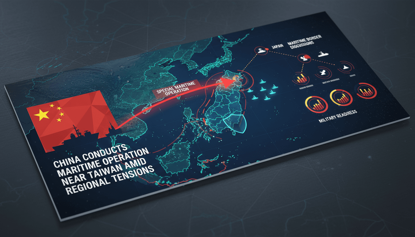 Map showing China's maritime operation near Taiwan and regional responses.