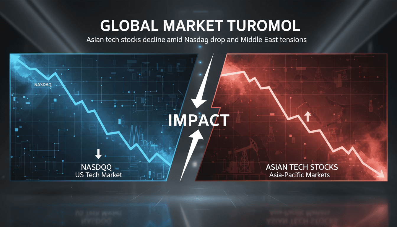 Graph showing the decline of Asian tech stocks in relation to Nasdaq performance and geopolitical events.