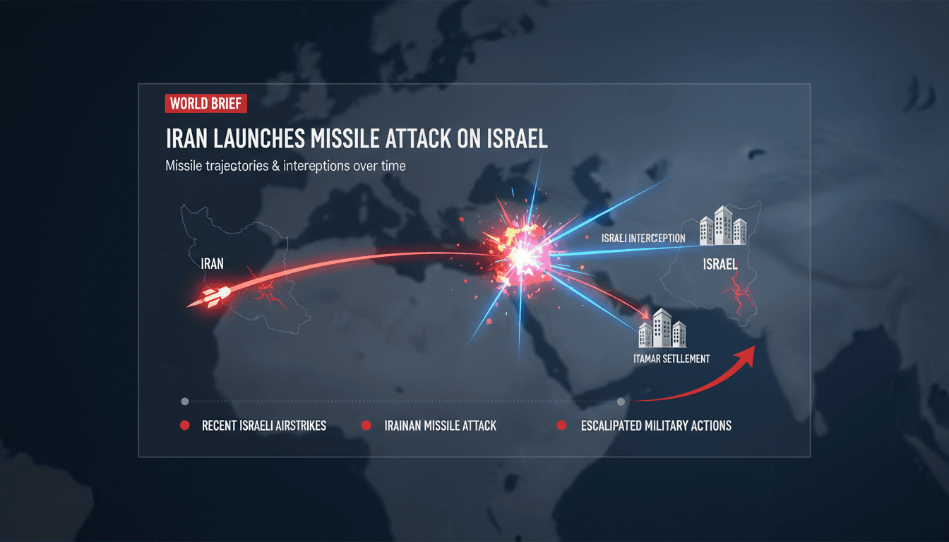 Map showing missile trajectories and interception points between Iran and Israel.