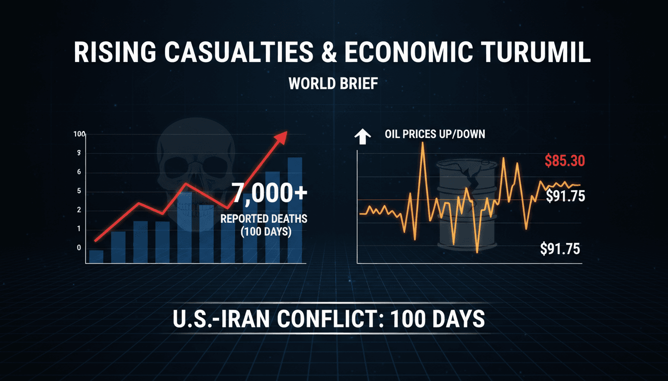 A graphic illustrating the impact of the U.S.-Iran conflict on casualties and oil prices.