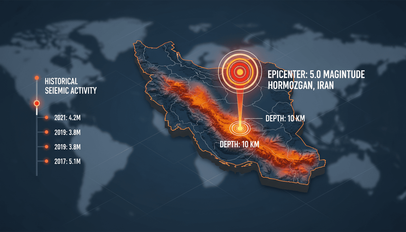Seismic map highlighting the 5.0 magnitude earthquake in Hormozgan province, Iran.