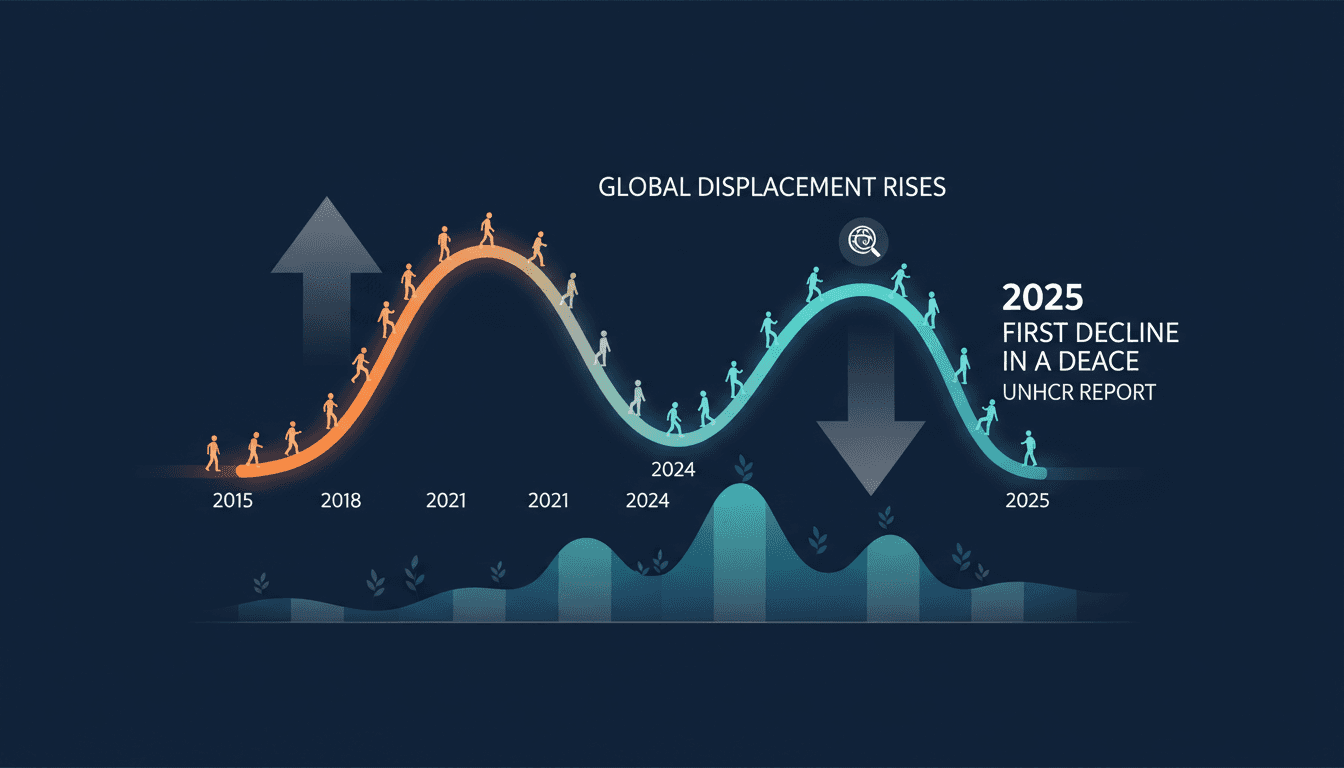 Infographic showing trends in global displacement and refugee statistics.