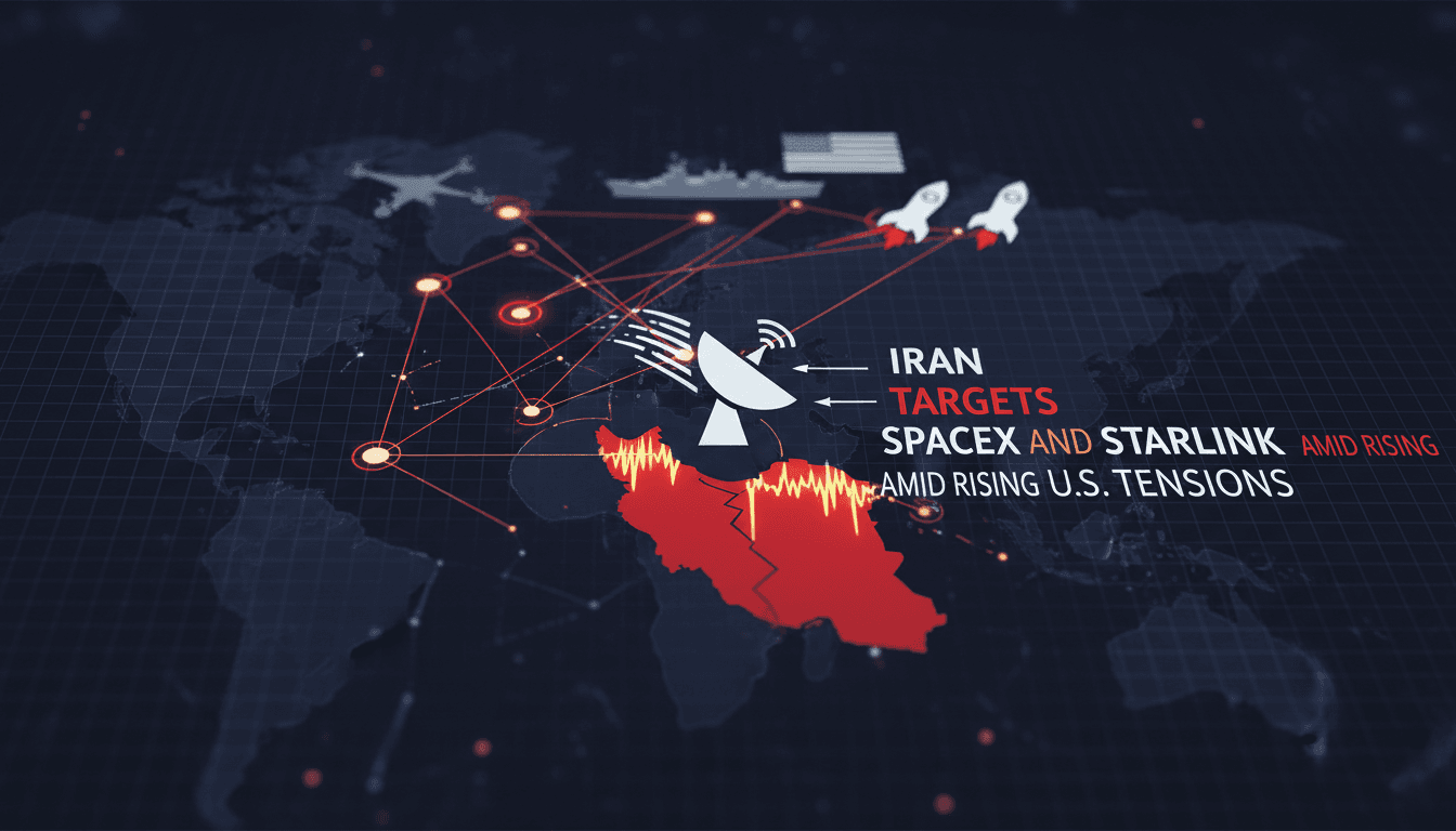 Illustration of SpaceX and Starlink under geopolitical threat from Iran.