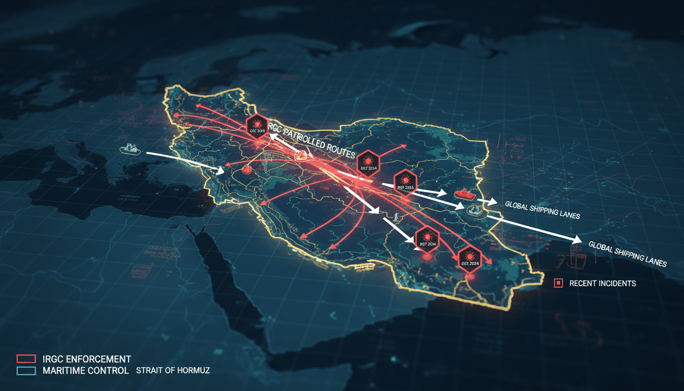 Map of the Strait of Hormuz highlighting shipping routes and IRGC activity.