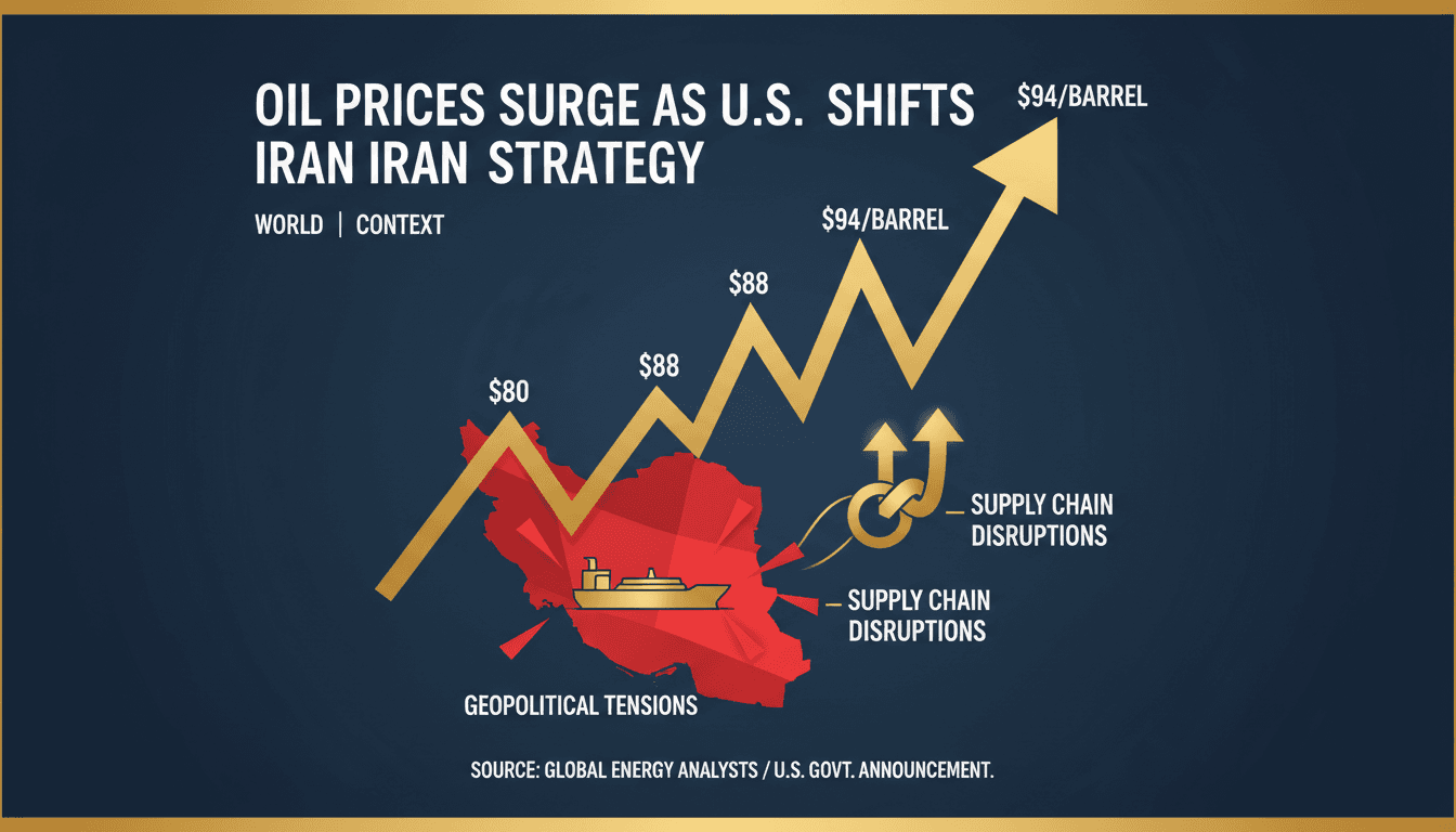A graph illustrating the rise in oil prices linked to U.S.-Iran tensions in the Strait of Hormuz.