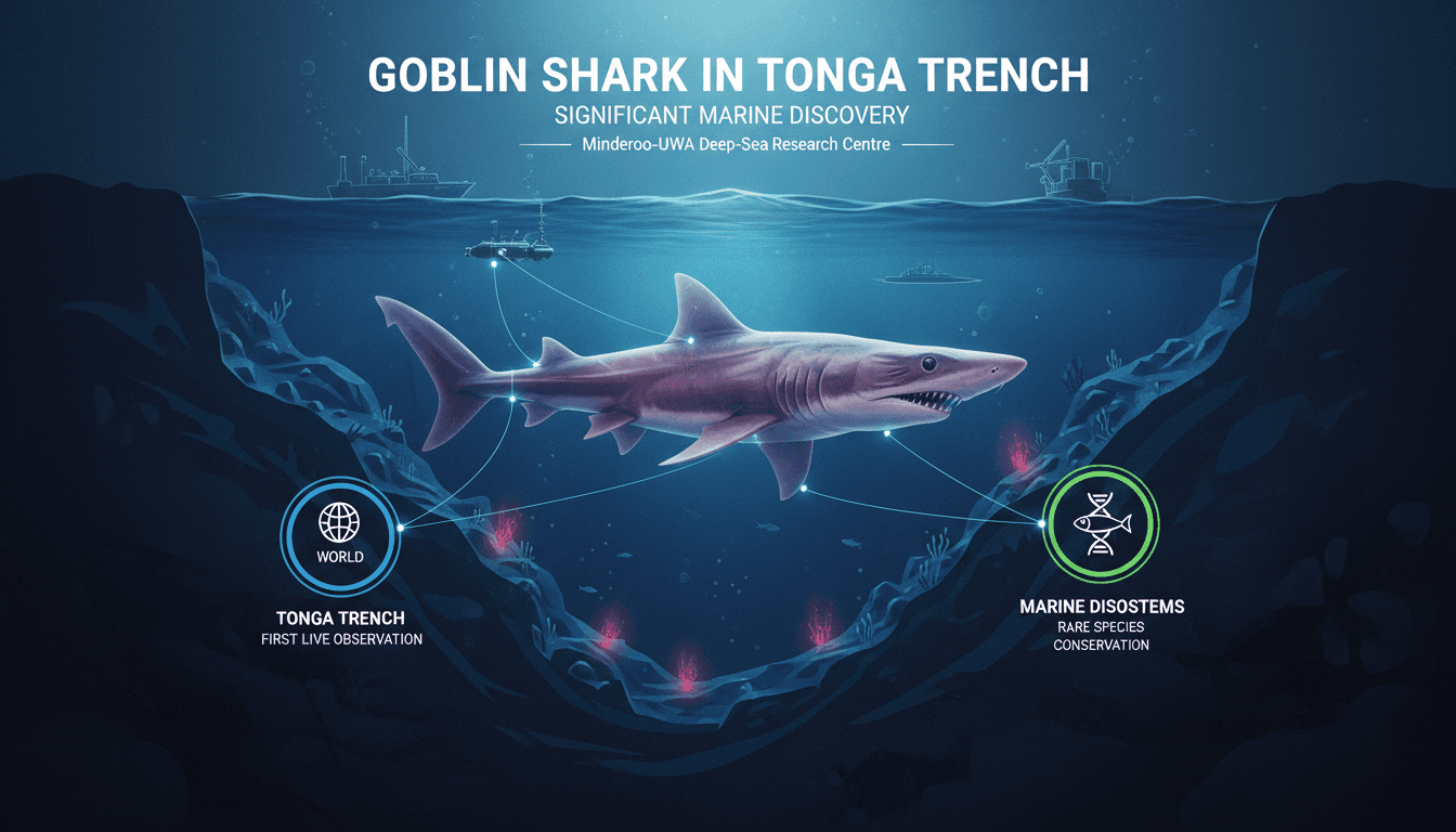 Goblin shark swimming in its natural habitat in the Tonga Trench.