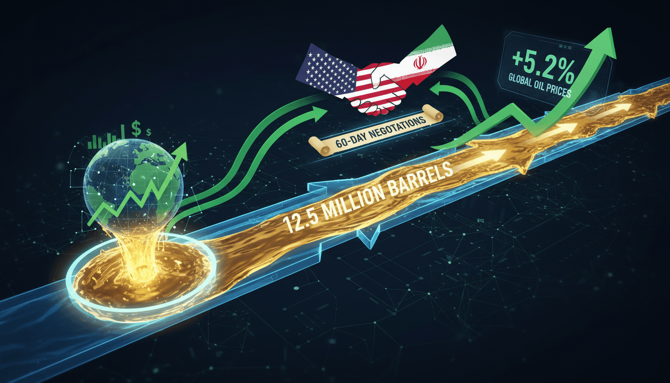 U.S. and Iran flags with oil barrels in the background