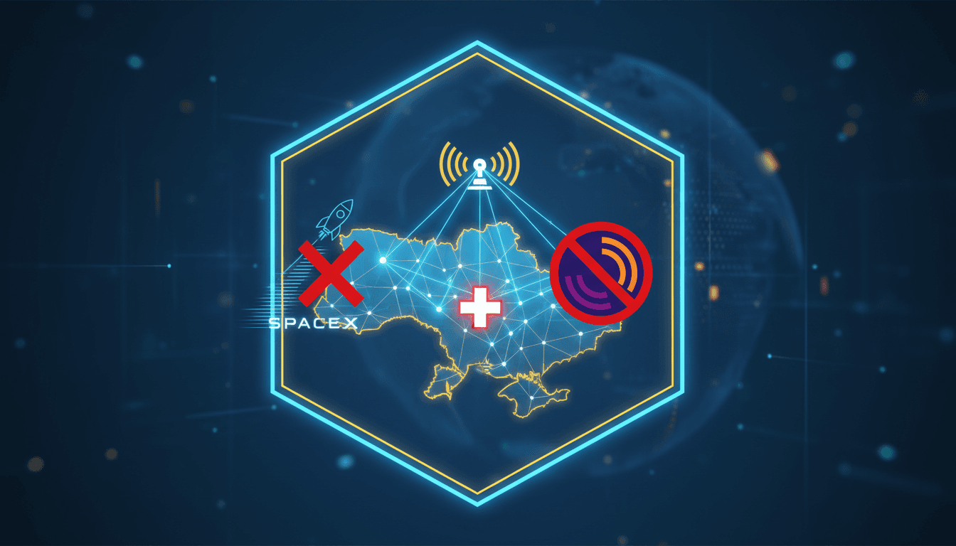 SpaceX logo with a backdrop of satellite imagery and Ukraine map