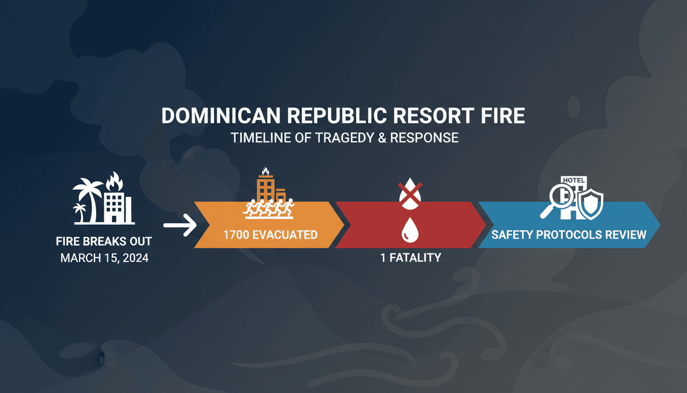 Fire at Viva Wyndham Dominicus Beach resort with smoke and flames