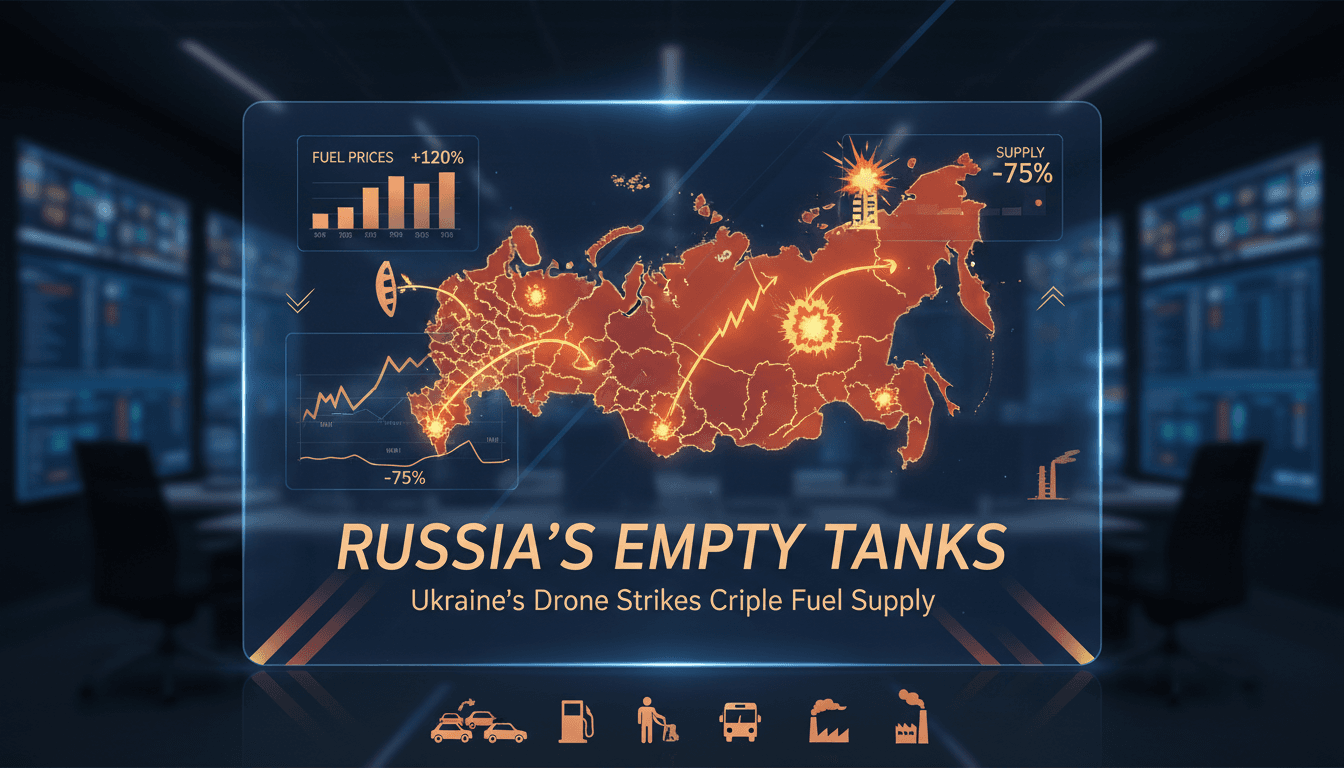 Map showing regions in Russia affected by fuel shortages due to drone strikes.