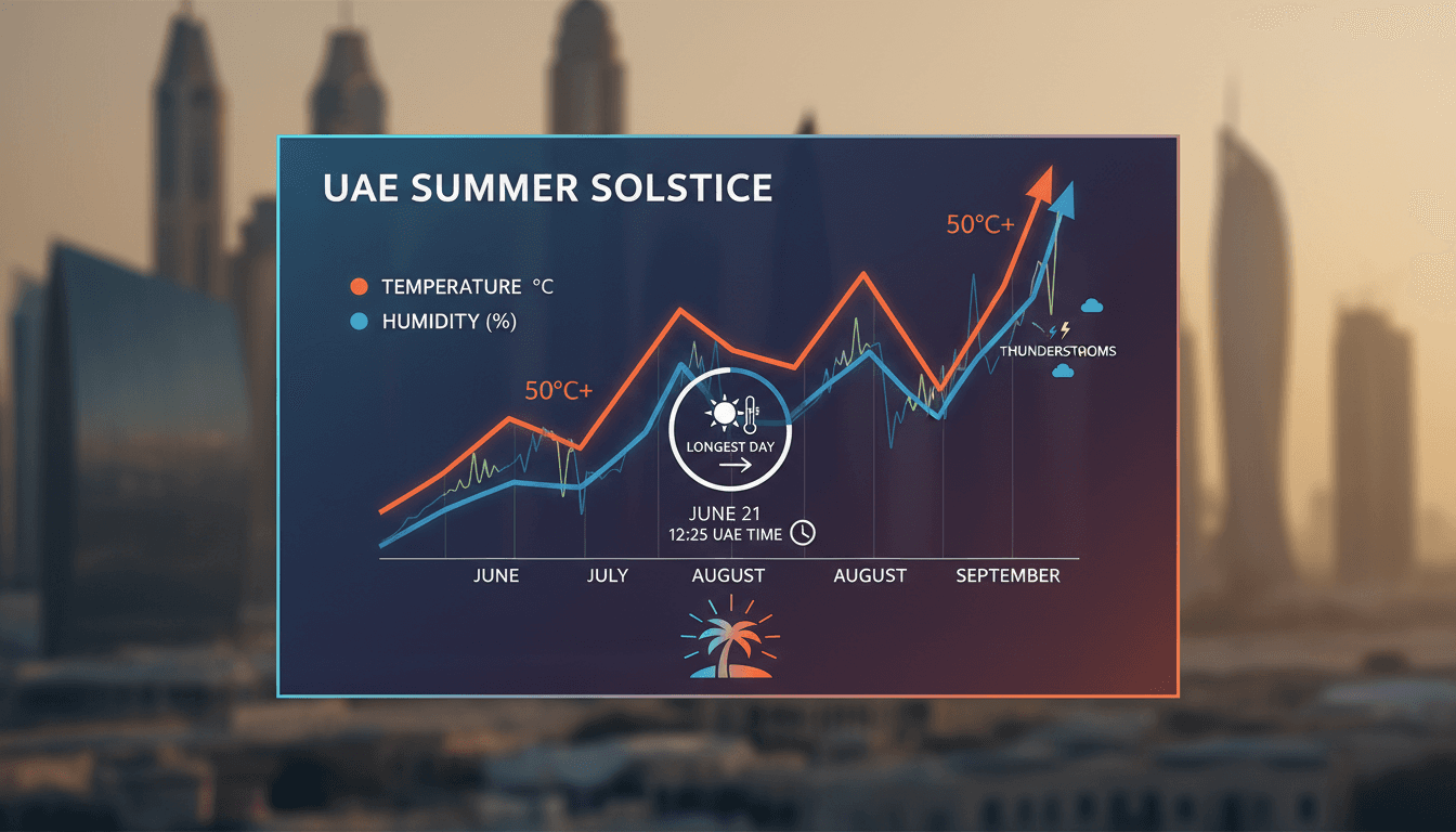 A sunlit landscape in the UAE during the summer solstice.