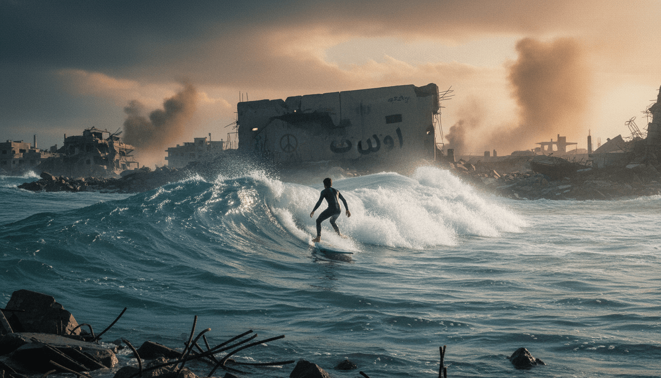 Surfers in Gaza navigating through destruction to reach the sea.