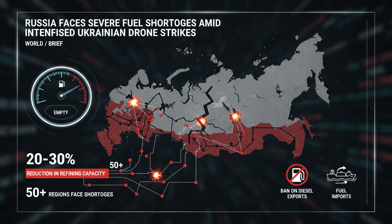 A map highlighting regions in Russia facing fuel shortages due to drone strikes.