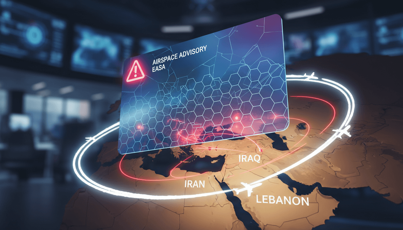 EASA airspace advisory graphic highlighting Iran, Iraq, and Lebanon