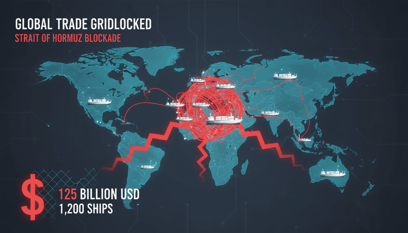 Cargo ships stranded in the Strait of Hormuz due to geopolitical tensions.
