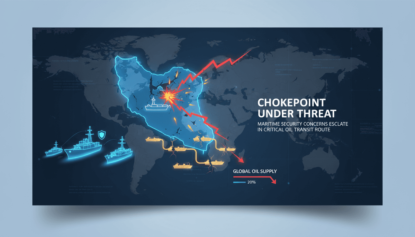 Cargo ship navigating the Strait of Hormuz with security concerns highlighted.