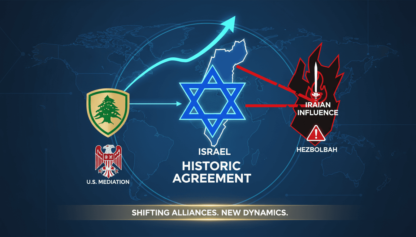 Israeli and Lebanese leaders signing a historic agreement under U.S. mediation.