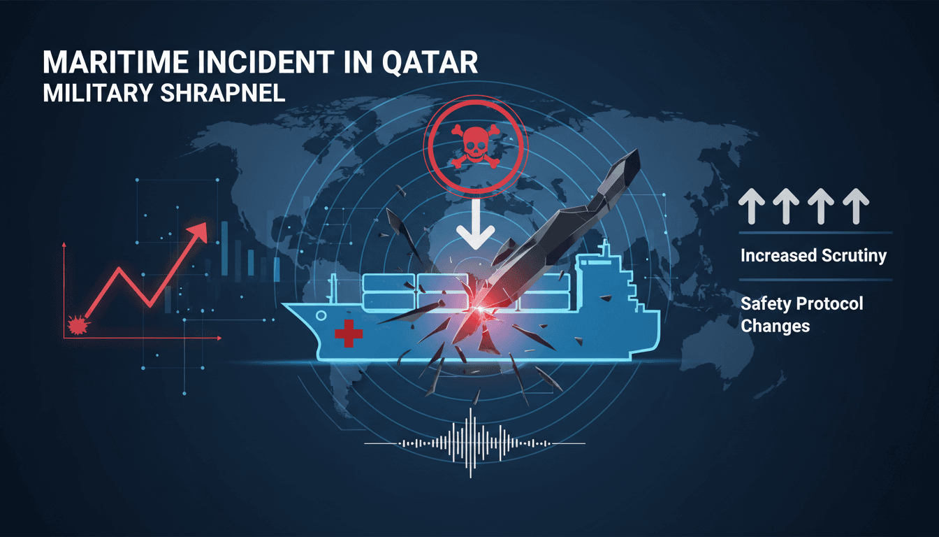 A vessel in Qatar waters with military operations in the background.