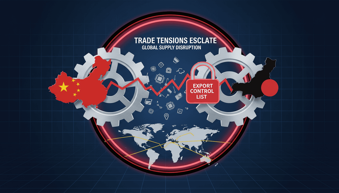 Illustration of trade tensions between China and Japan with export control implications.