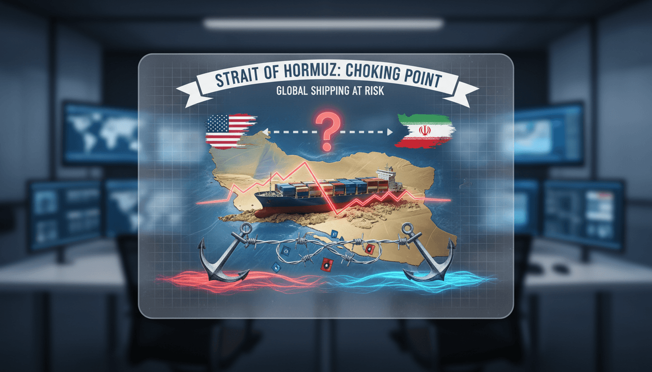 Container ship aground in the Strait of Hormuz with geopolitical implications.