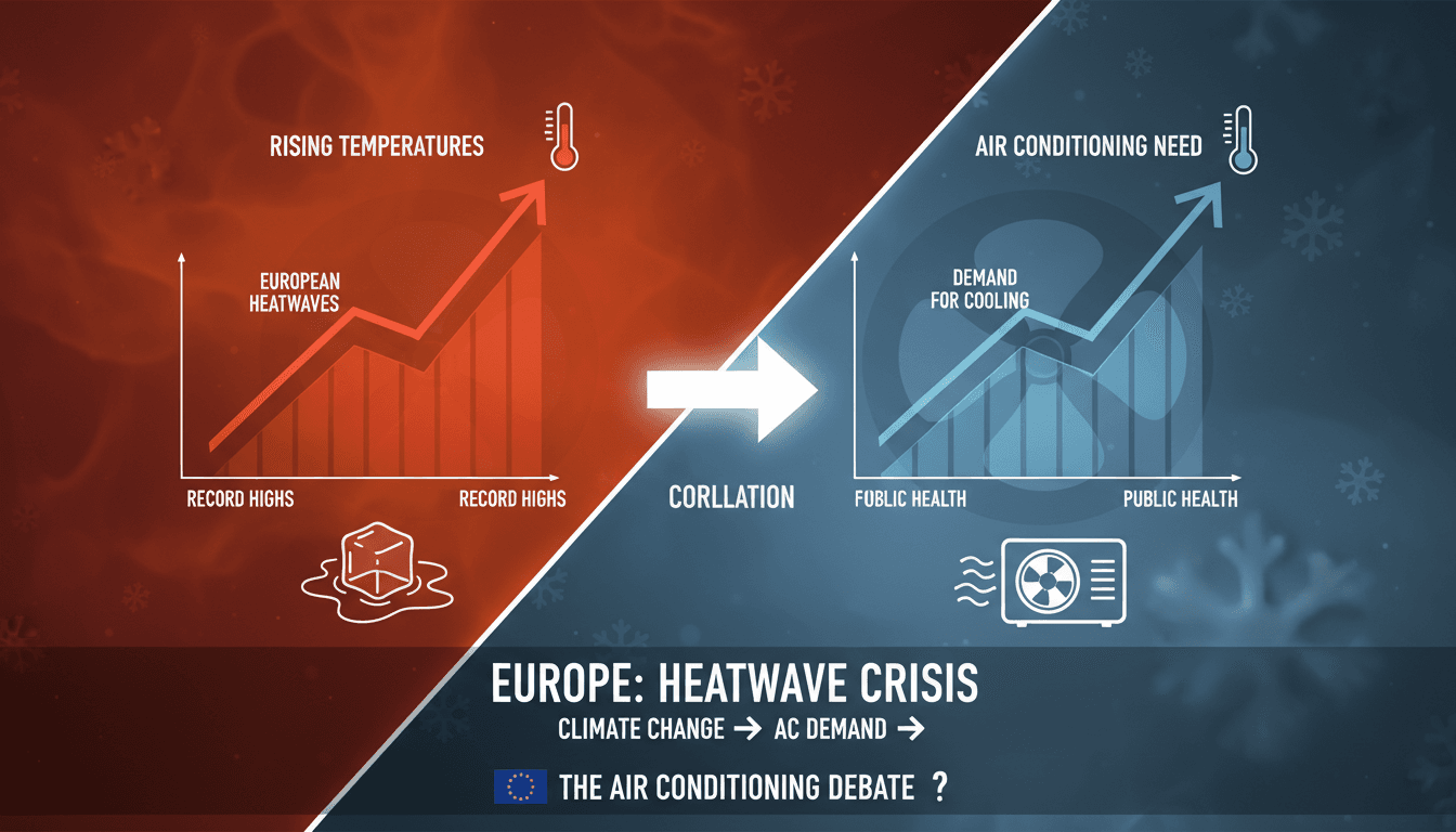 A graphic showing rising temperatures in Europe alongside air conditioning units.