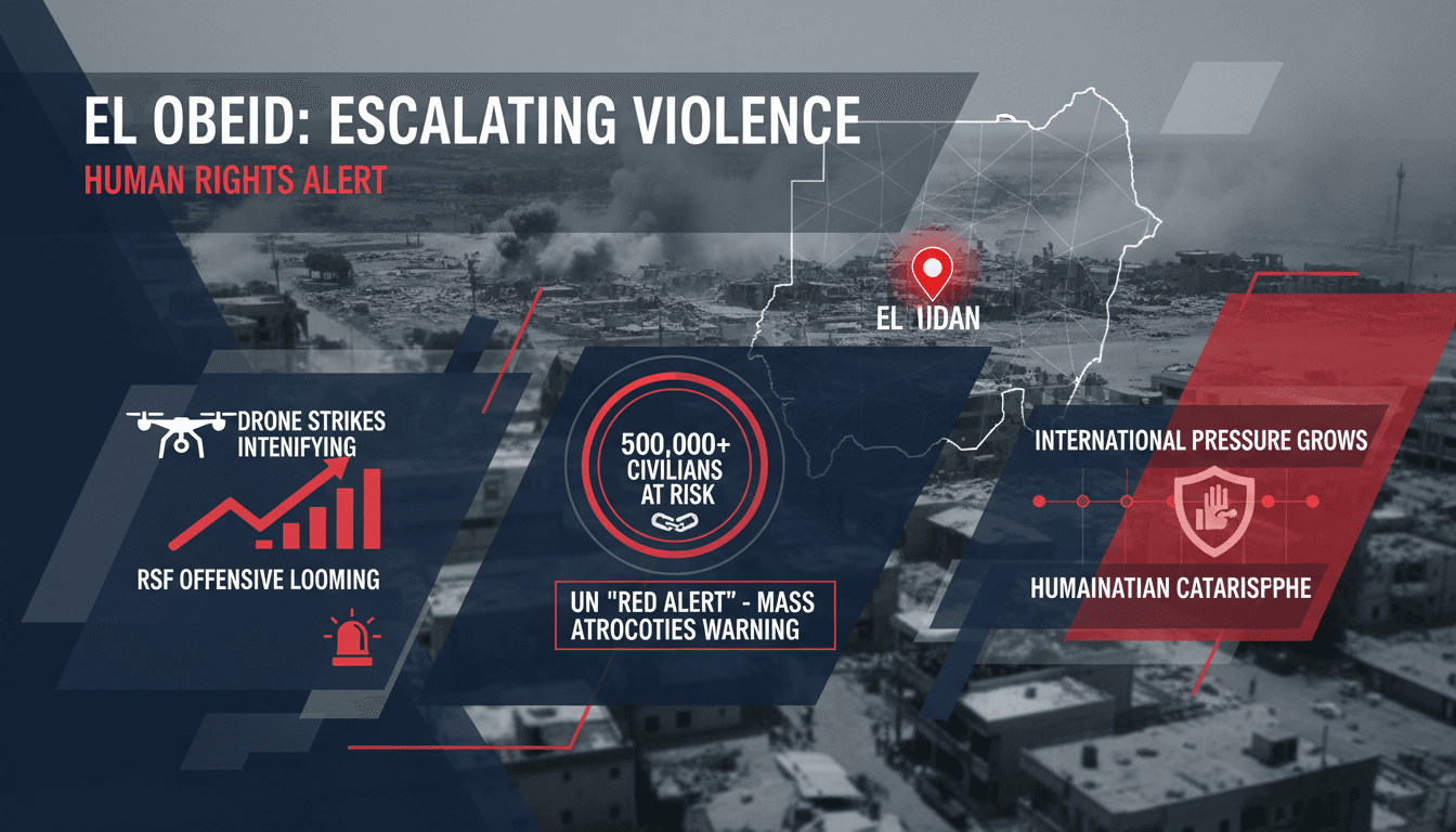 Aerial view of El Obeid, Sudan, highlighting the impact of conflict and drone strikes.