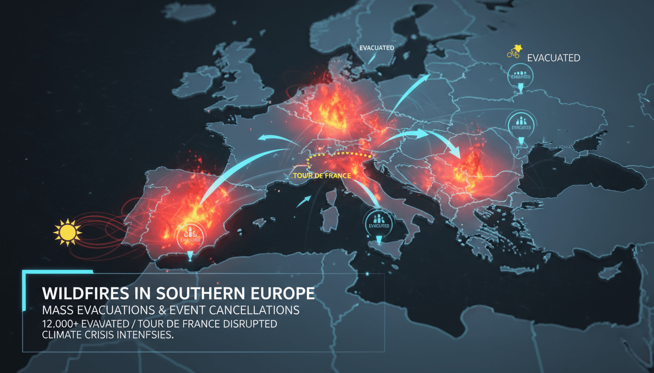 Wildfires raging in southern Europe with smoke and flames visible.