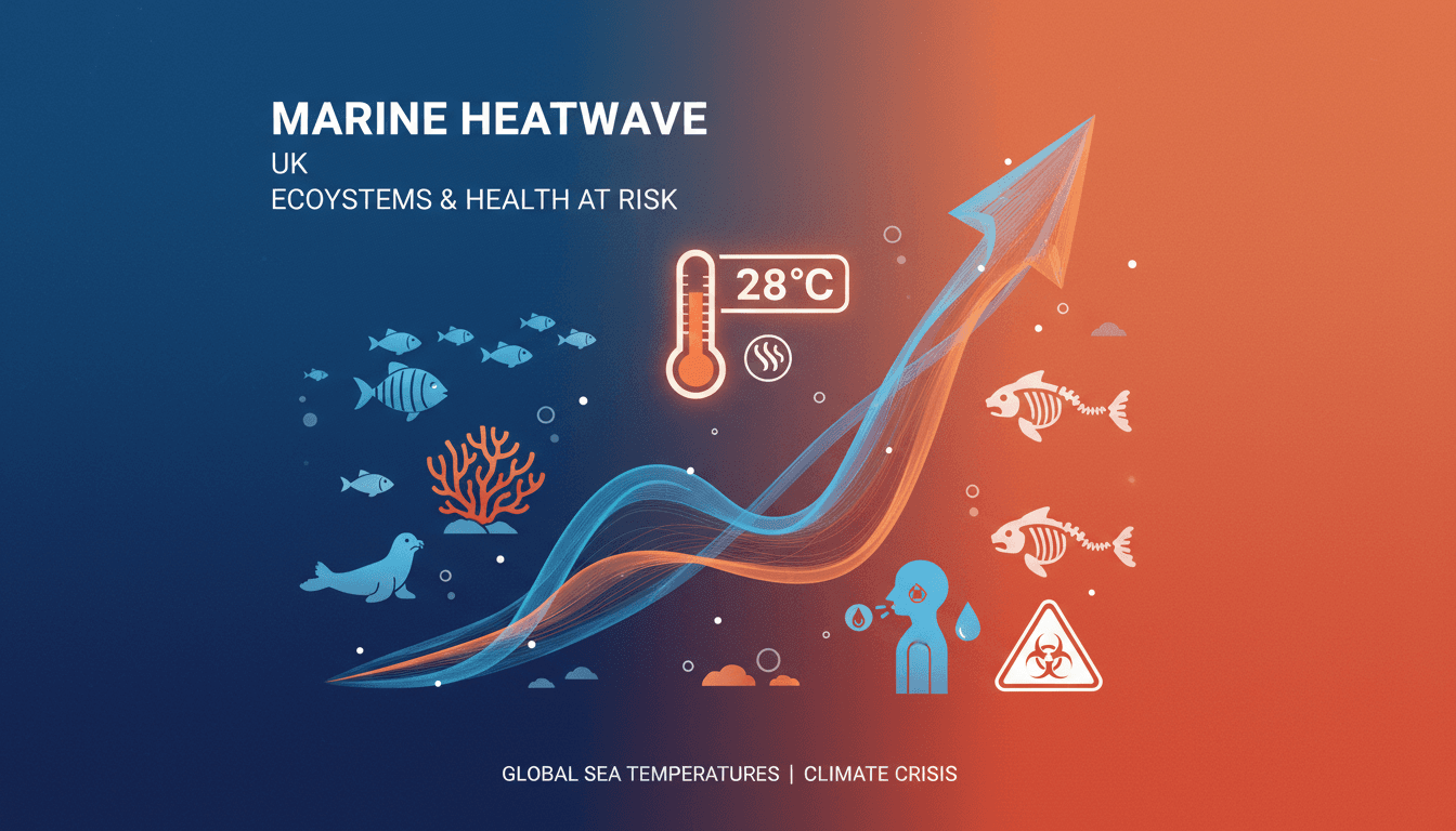 Illustration of the impact of marine heatwave on ecosystems and public health in the UK.