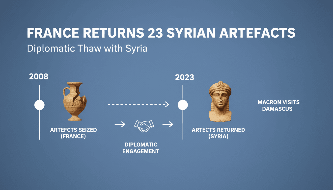 French and Syrian flags with ancient artefacts in the background