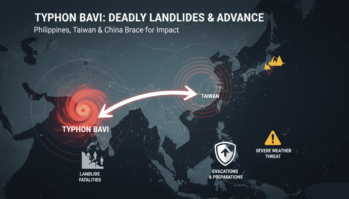 Typhoon Bavi approaching East Asia with landslide impacts in the Philippines.