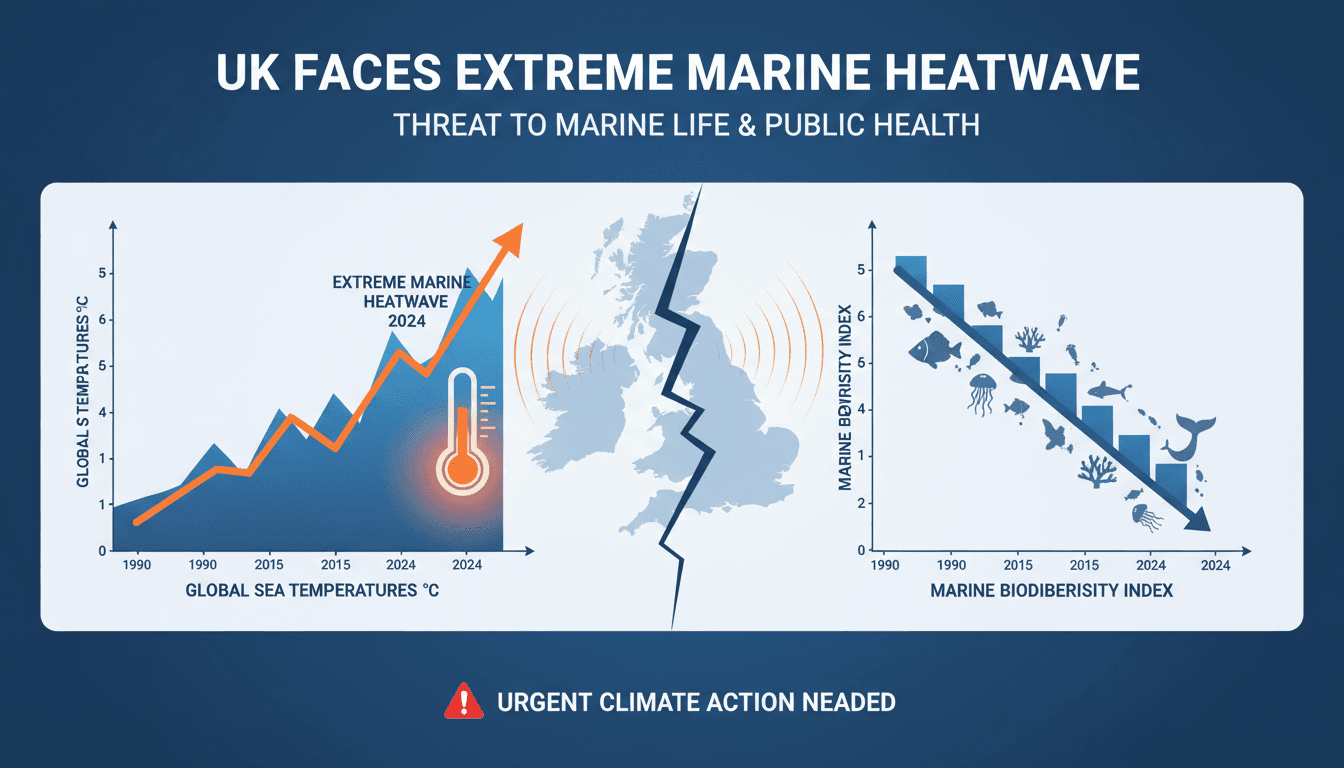 Aerial view of UK coastal waters showing temperature anomalies.