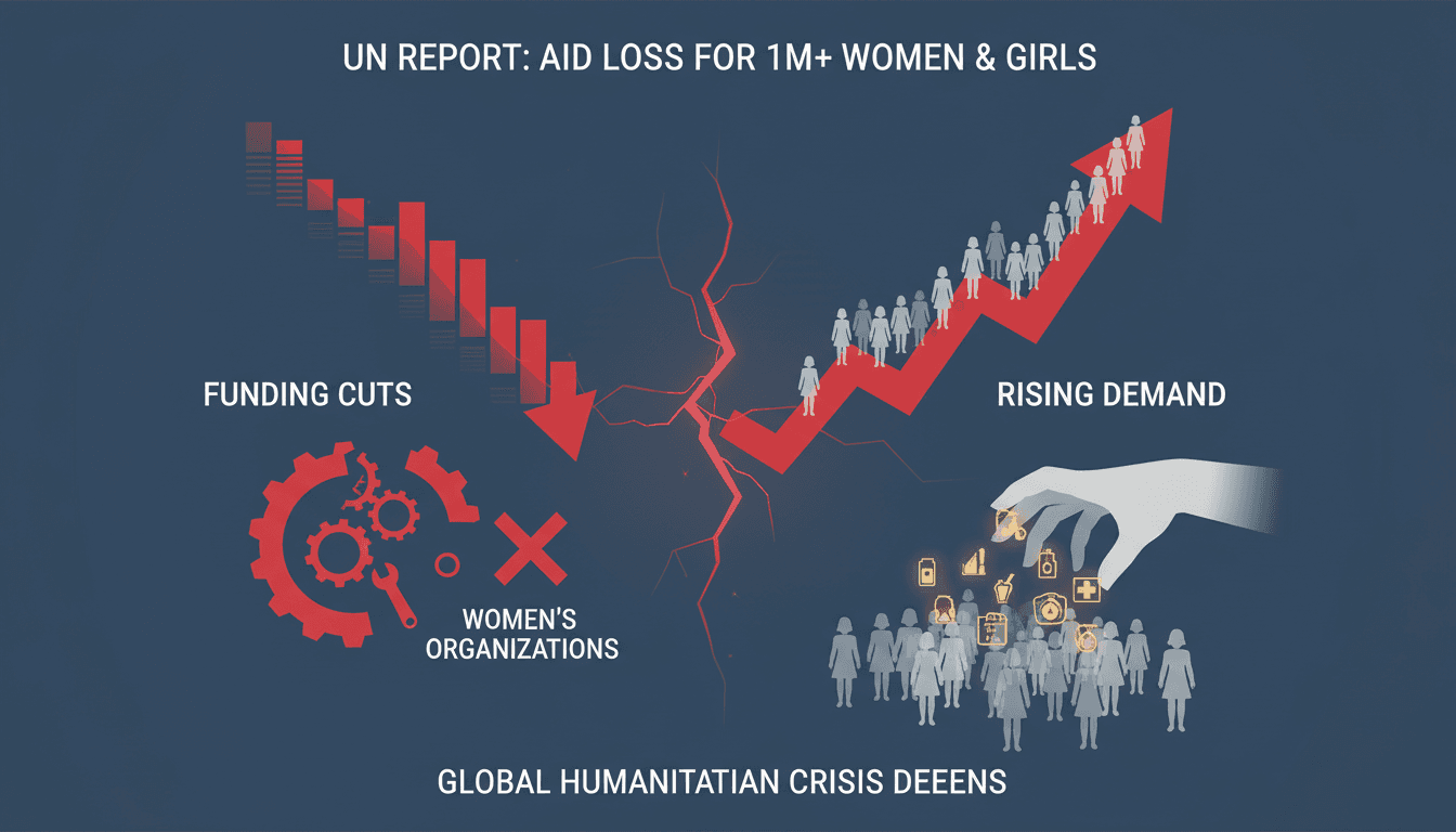 Women and girls affected by humanitarian aid cuts illustrated in a visual card.
