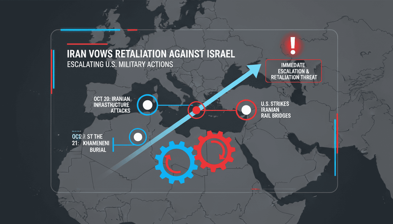 Map highlighting Iran and Israel with military action indicators