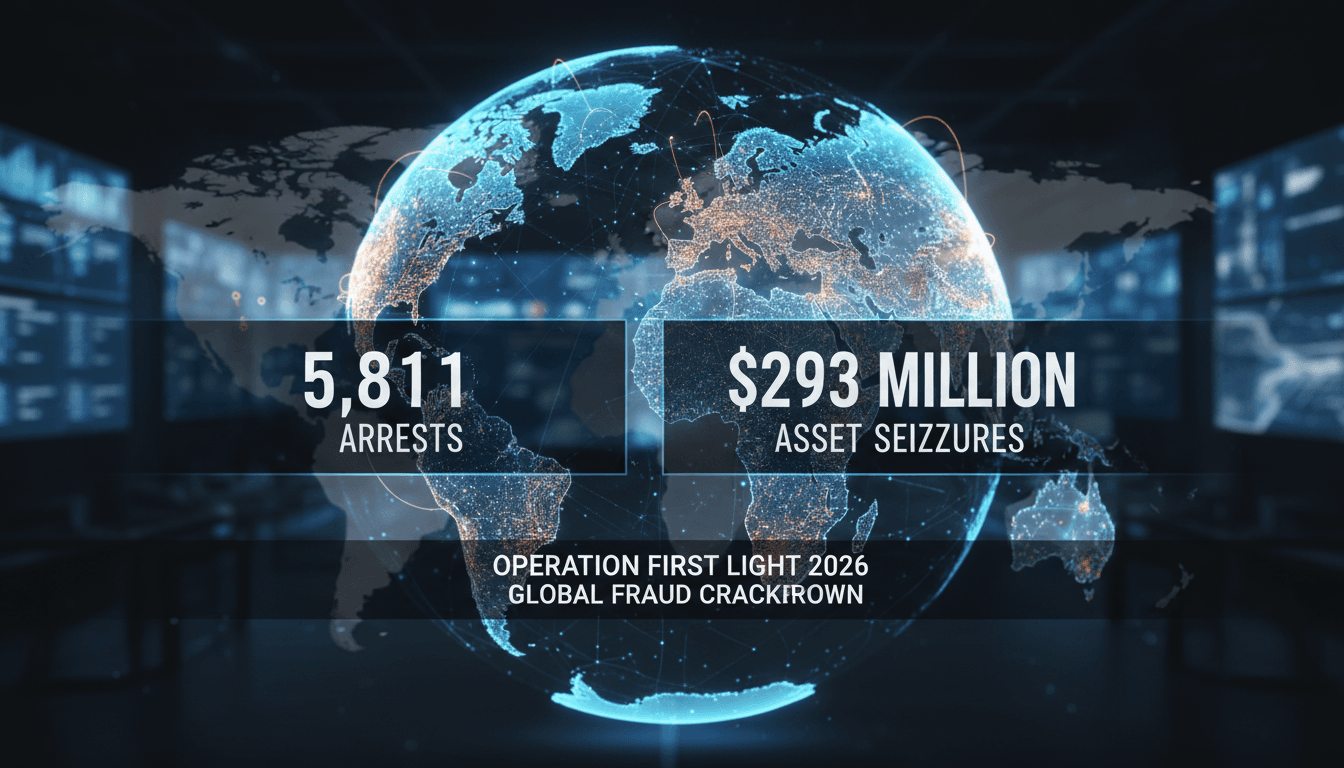 Infographic showing the impact of Interpol's Operation First Light 2026 on global fraud.