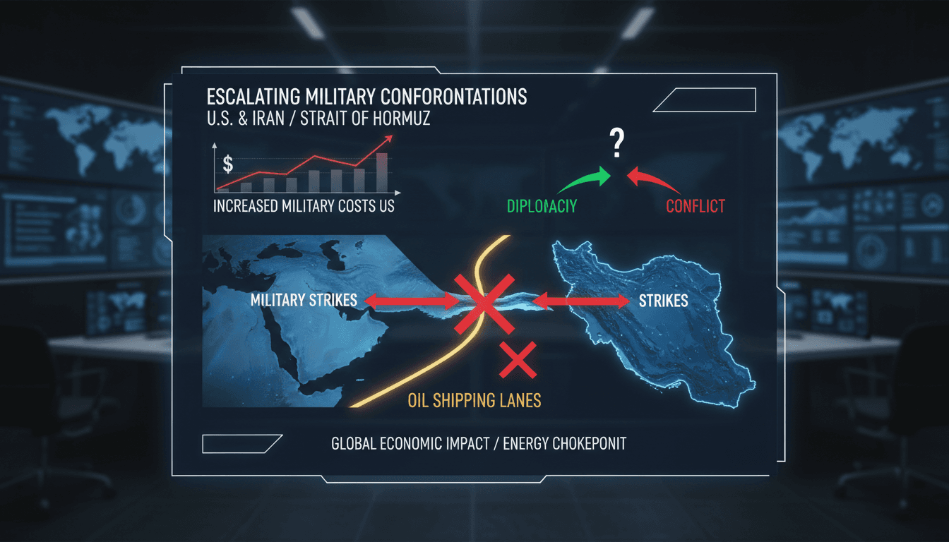 Map highlighting the strategic Strait of Hormuz and military activity in the region.