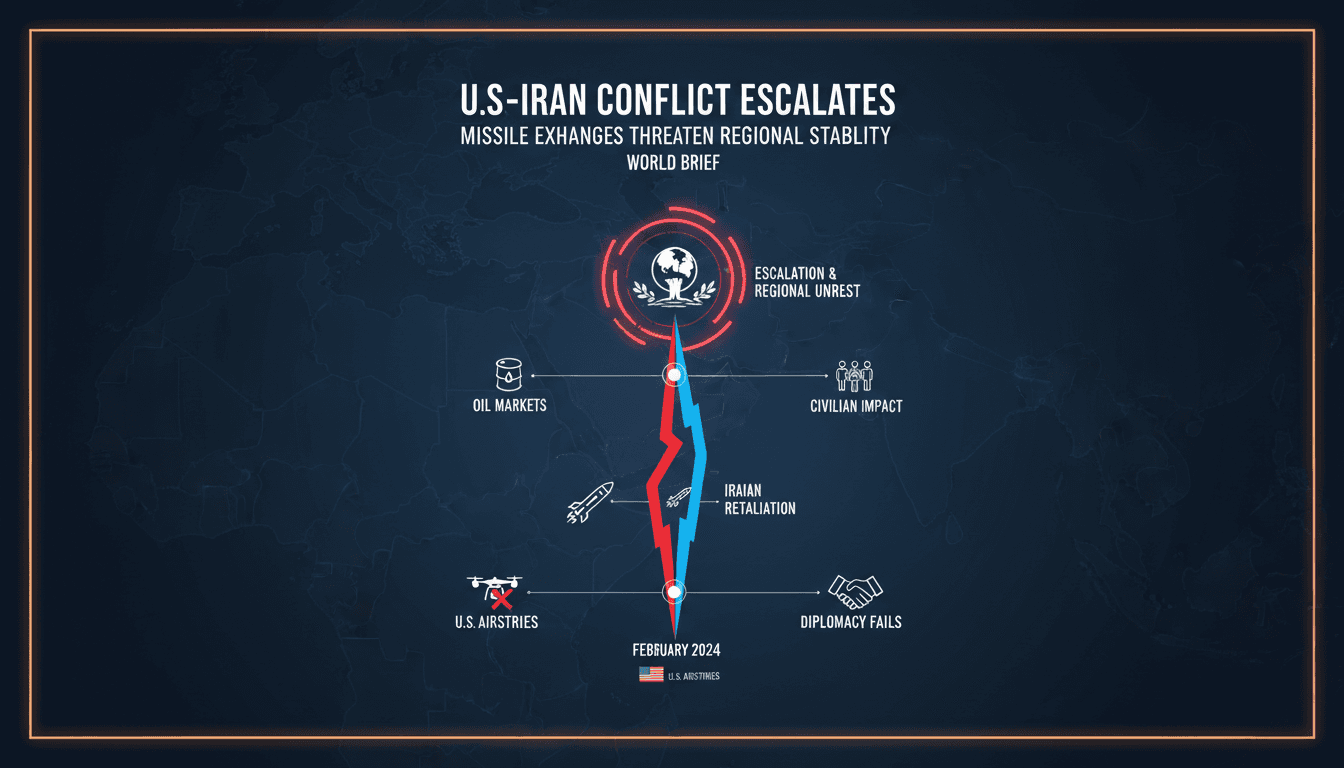 U.S. and Iran flags with military imagery representing escalating tensions.
